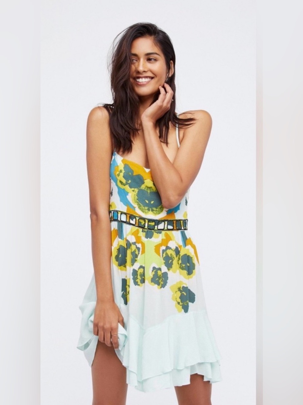 Free People Intimately Sweet Lucy Slip Dress in Yellow, Green & Aqua sz XS